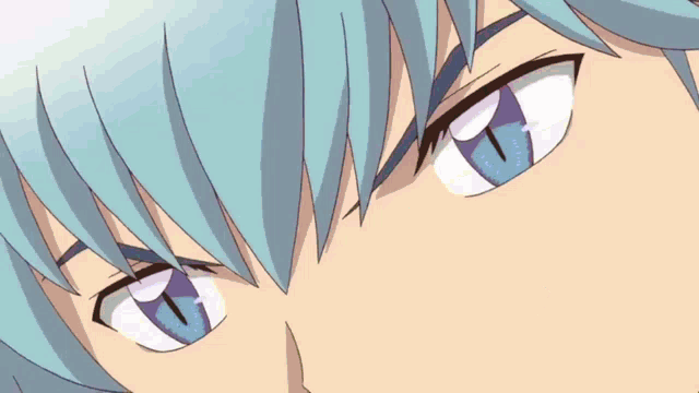 a close up of a anime character with blue hair