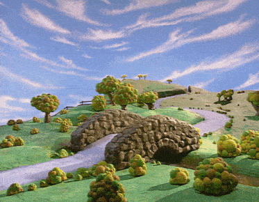 a cartoon landscape with a stone bridge and trees