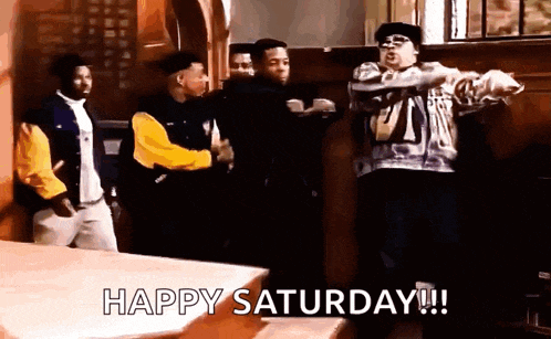 a group of men are dancing in a room with the words `` happy saturday '' written below them .
