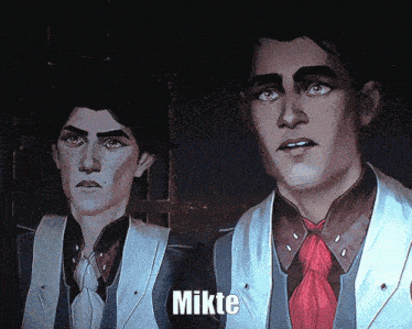 two men are standing next to each other and the word mikte is on the bottom