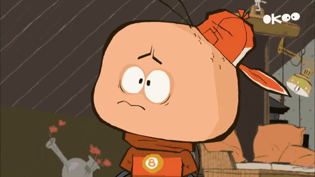 a cartoon character wearing an orange hat and a red shirt with the number 8 on it