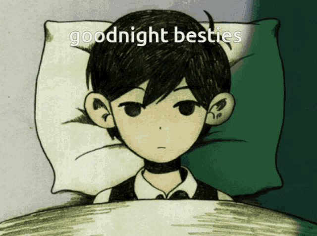 a drawing of a boy laying in bed with the words goodnight besties written above him