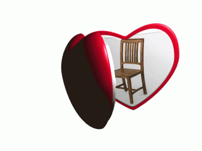 a picture of a man and a chair in two heart shaped mirrors