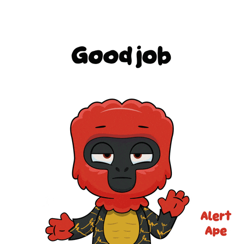a cartoon of a red ape says " good job alert ape "