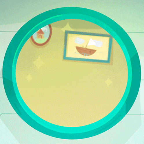 a cartoon character is looking out of a window with a picture of a boat on the wall