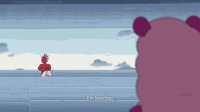 a cartoon character says " i 'm leaving " in front of a window