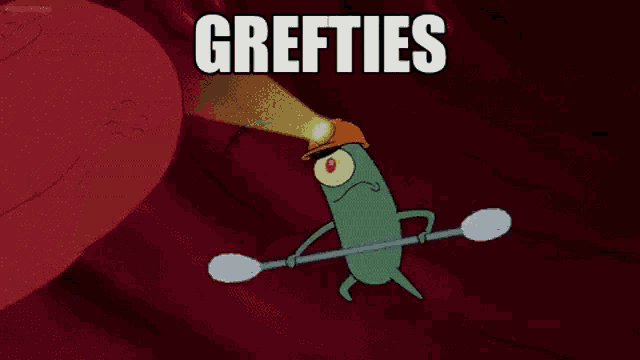 a cartoon character from spongebob squarepants is holding a flashlight and the word grefties is on the bottom