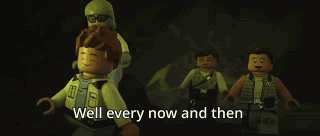 a group of lego figures standing next to each other with the words well every now and then written below them