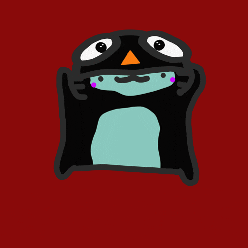 a cartoon drawing of a penguin with a purple nose