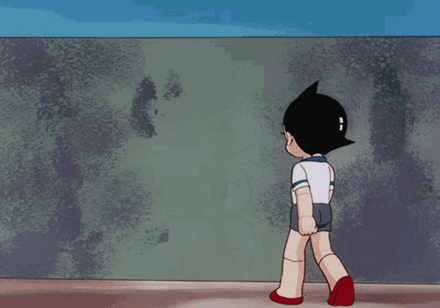 a cartoon character standing in front of a wall with a blue sky in the background