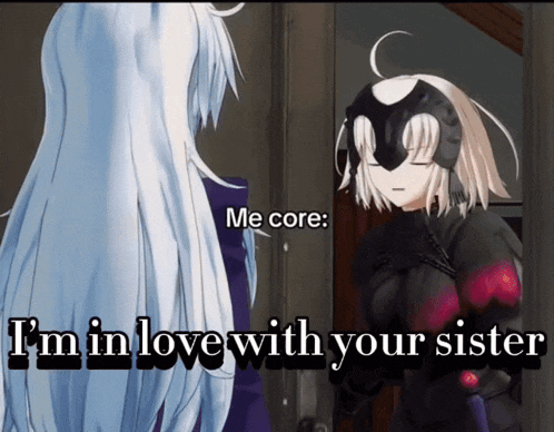 two anime girls are standing next to each other and one of them says " me core "