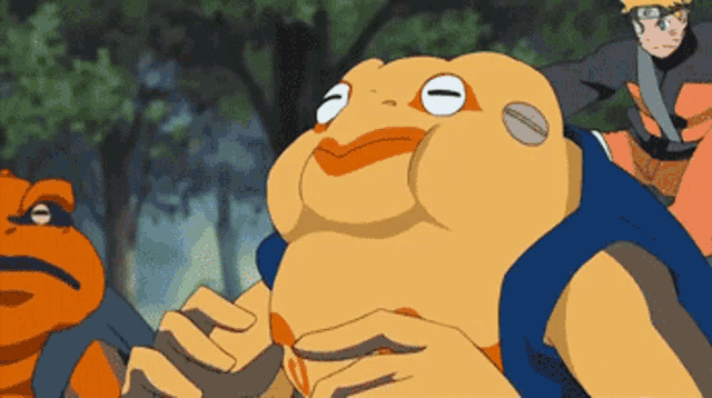 a cartoon of a frog with a blue shirt and orange eyes