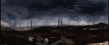 a painting of a person laying in the dirt with a dark sky in the background
