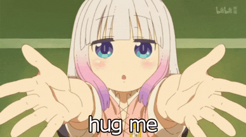 a girl with white hair and pink highlights is hugging herself with the words hug me below her