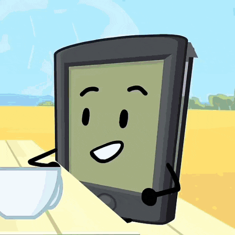 a cartoon character with a face and arms is sitting on a table