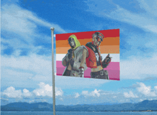 a flag with a picture of two men on it