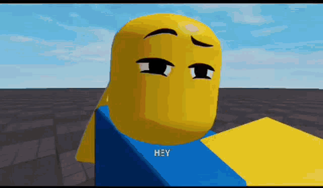a yellow roblox character with a blue shirt that says hey on it