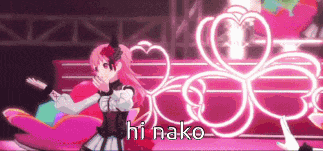 a girl with pink hair is standing in front of a neon sign that says hi nako