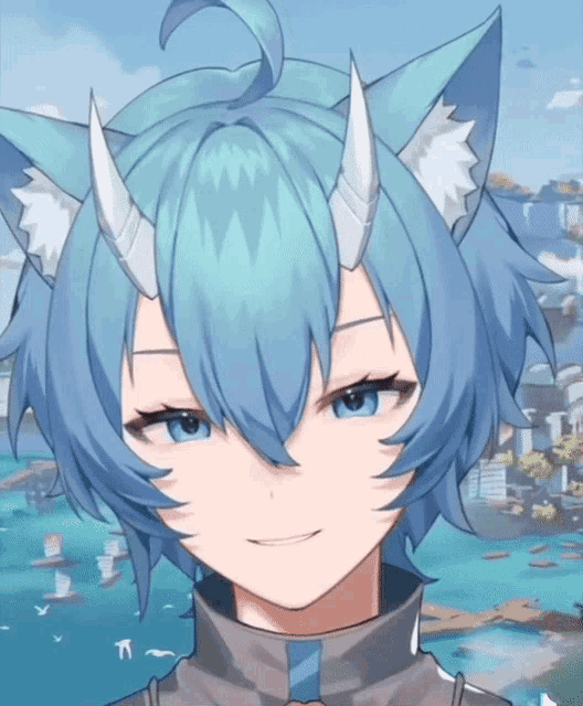 a blue haired anime character with horns on his head