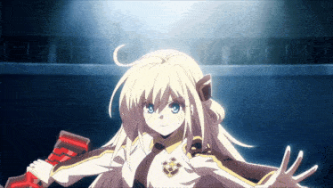 a girl with blonde hair and blue eyes is holding a red sword