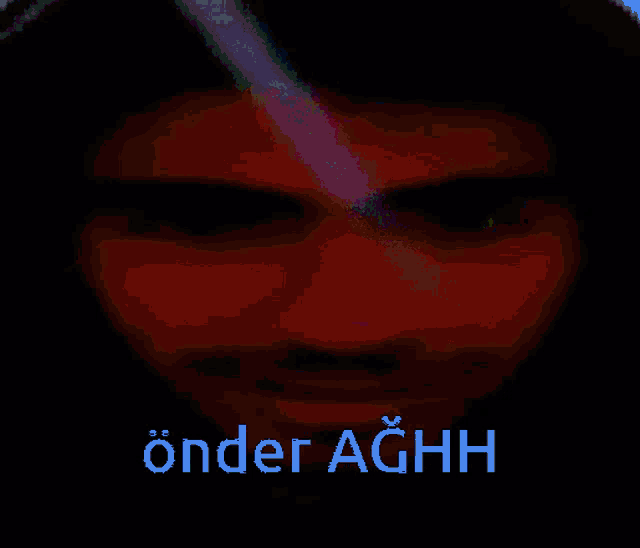 a pixelated image of a person 's face with the word onder aghh written in blue
