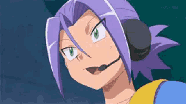 a cartoon character with purple hair and green eyes is wearing a microphone and headphones .