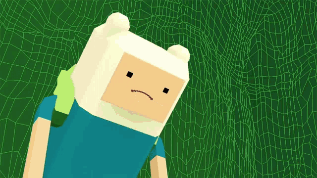 a cartoon character with a sad face is standing in front of a green grid