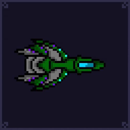 a pixel art of a green space ship with a blue beam coming out of it