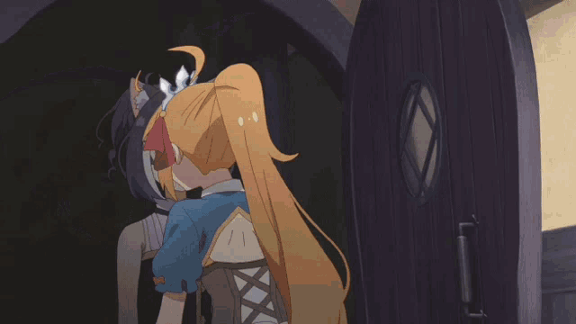 a girl with long hair and blue eyes is being held by another girl