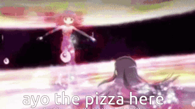 a picture of a girl with the words " ayo the pizza here " on it