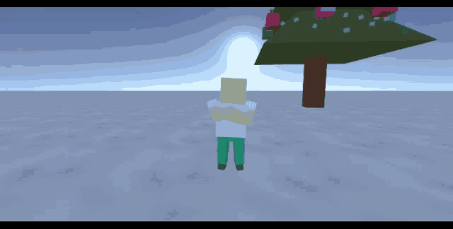 a person in a white shirt and blue pants stands in front of a christmas tree
