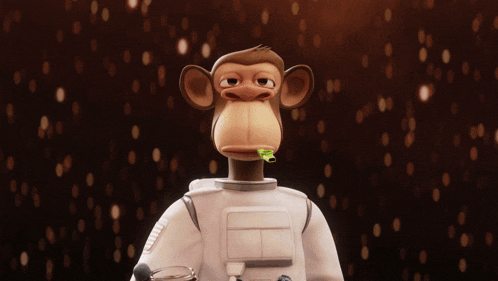 a cartoon monkey is holding a green object in his mouth