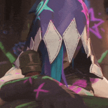 a close up of a cartoon character with purple hair and a purple star