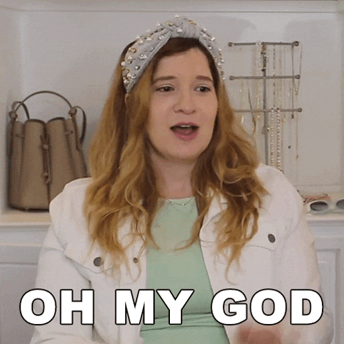a woman wearing a headband with pearls says oh my god