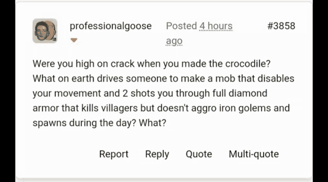 a screenshot of a tweet from professionalgoose asking about cracking a crocodile