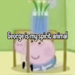 george is my spirit animal from peppa pig is sitting in a cage with flowers in a vase .