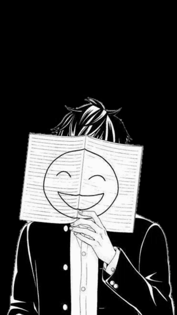 a black and white drawing of a man covering his face with a book with a smiley face drawn on it .