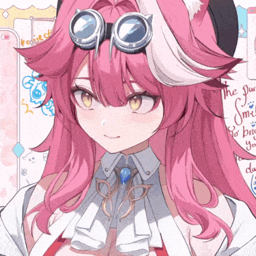 a drawing of a girl with pink hair wearing goggles and a bow