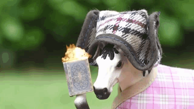 a toy horse wearing a plaid hat and holding a piece of popcorn