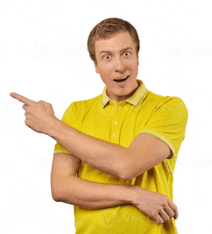 a man in a yellow shirt is pointing to the left