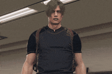 a man wearing a black shirt and brown straps is standing in a hallway