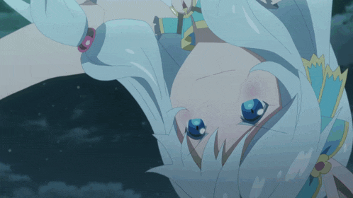 a girl with white hair and blue eyes is laying upside down