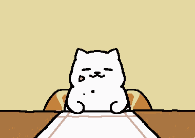 a pixel art drawing of a cat sitting on a table with a bread in its mouth