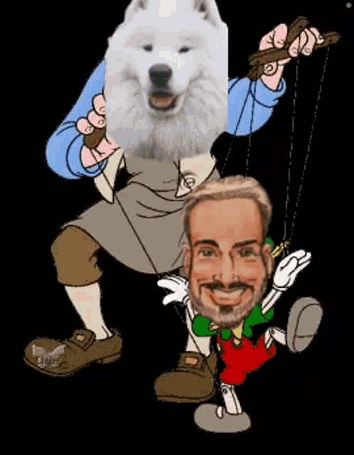 a cartoon drawing of a man holding a puppet with a white dog behind him