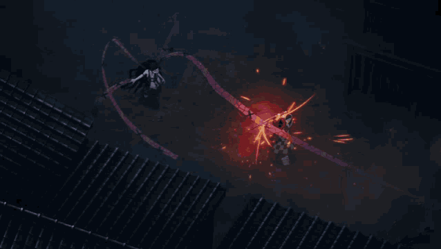 a person with a red sword is fighting another person with a black sword