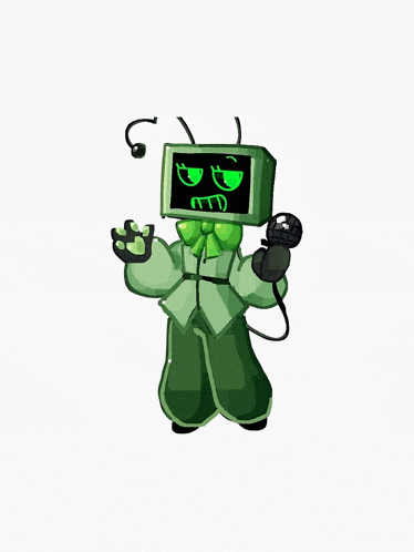 a green robot with a television head is holding a microphone and headphones .