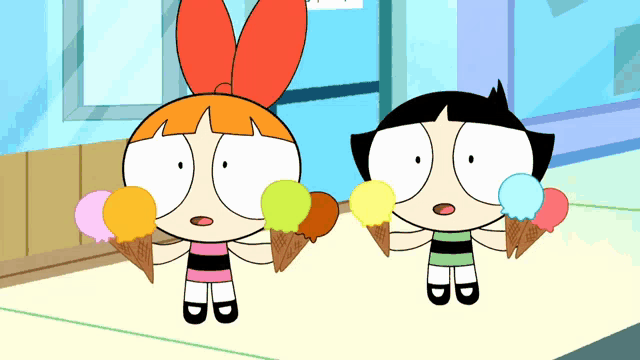 a couple of cartoon characters holding ice cream cones with the letter b on them