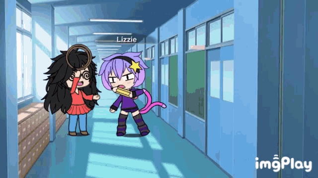 a girl with purple hair is standing next to a girl with black hair in a hallway that says lizzie
