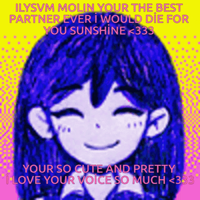 a picture of a girl with blue hair and the words " ilysvm molin your the best partner ever "