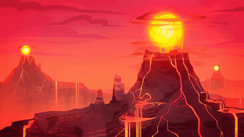 a cartoon drawing of a volcano with lava coming out of it and the sun in the background